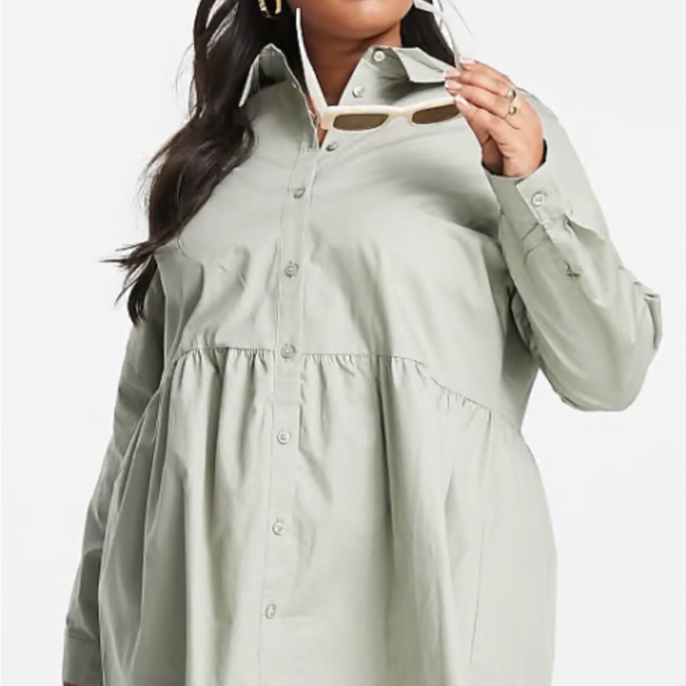 ASOS CURVE Light Sage Cotton Button-Front Babydoll Shirt Dress
